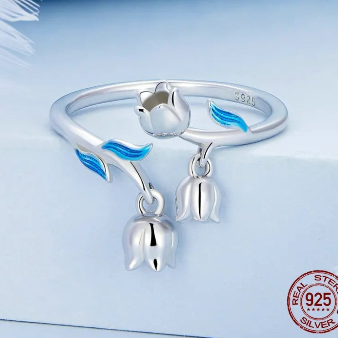 Anillo Ajustable Pájaros Y Flores De Plata.