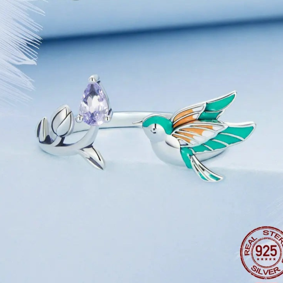 Anillo Ajustable Pájaros Y Flores De Plata.