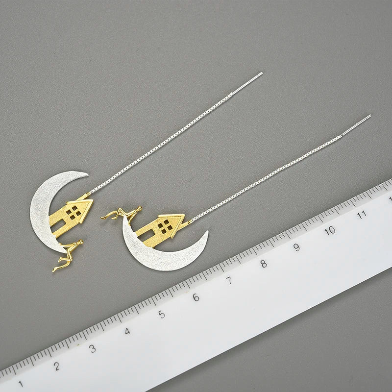 Aros Colgantes De Plata Luna Y Casa.