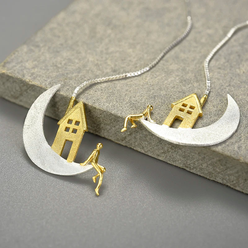 Aros Colgantes De Plata Luna Y Casa.