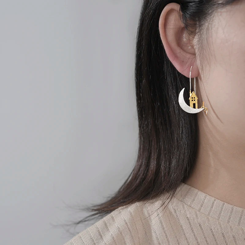 Aros Colgantes De Plata Luna Y Casa.