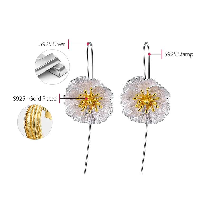 Aros Colgantes De Amapolas De Plata.