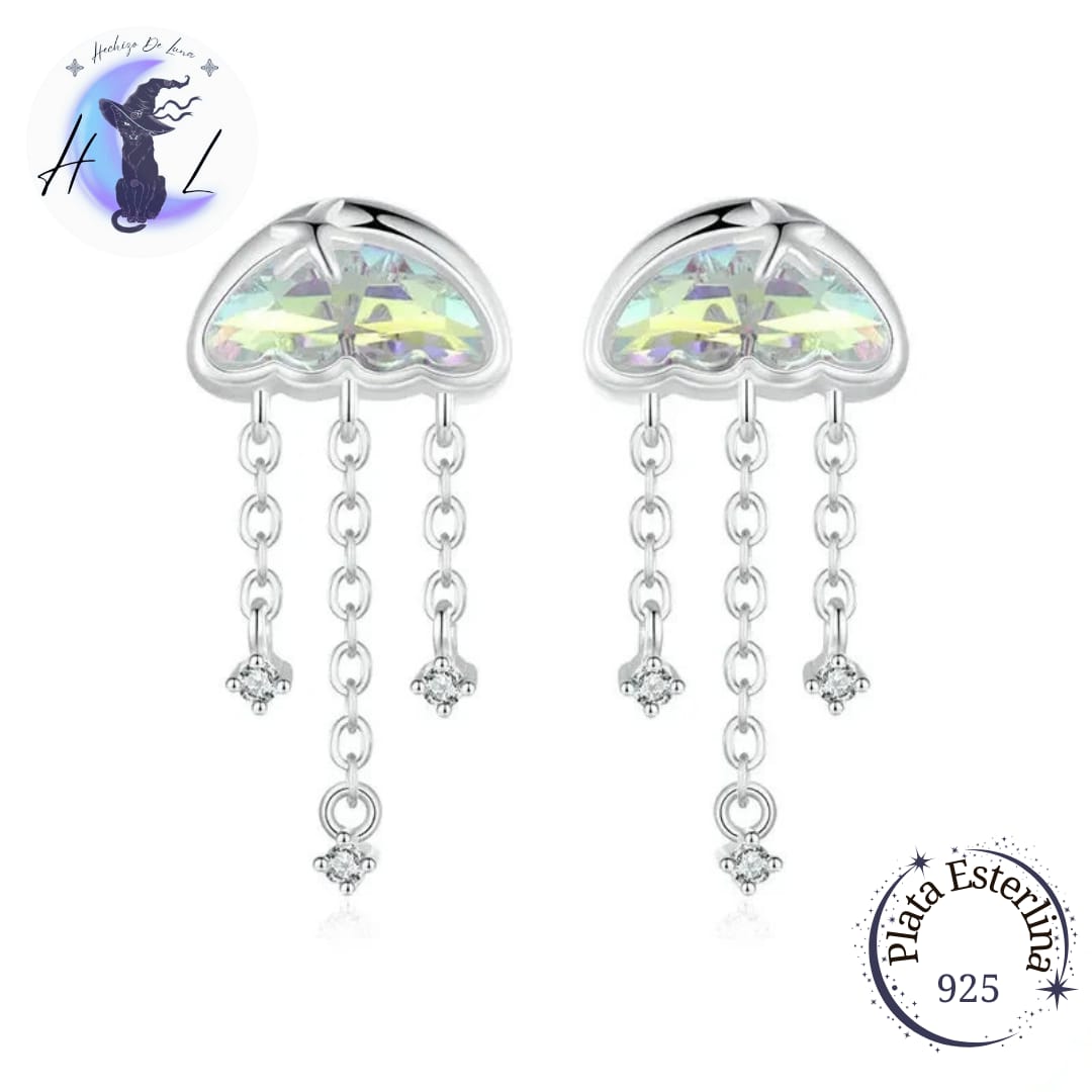 Aros De Plata Y Cristal Iridiscente, Diseño Medusas.