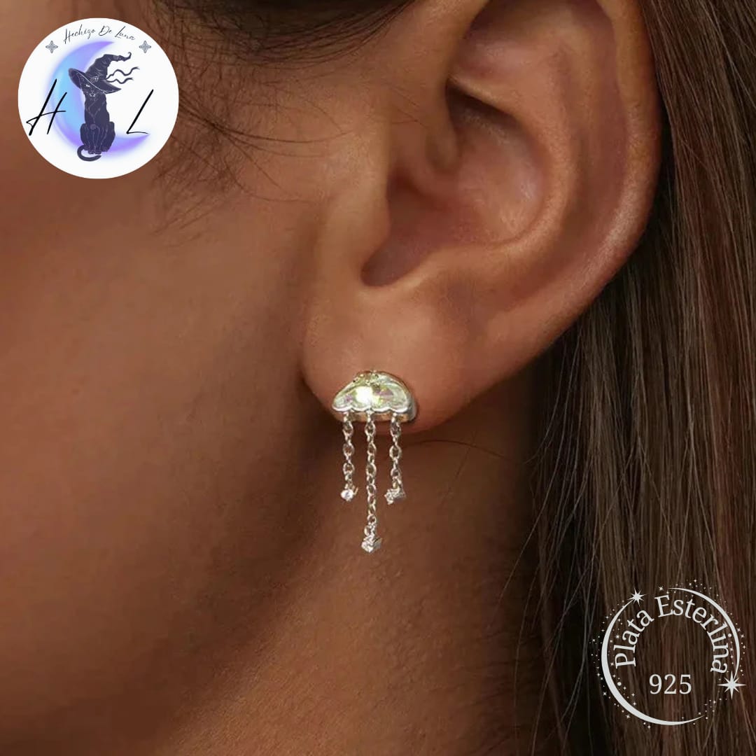 Aros De Plata Y Cristal Iridiscente, Diseño Medusas.