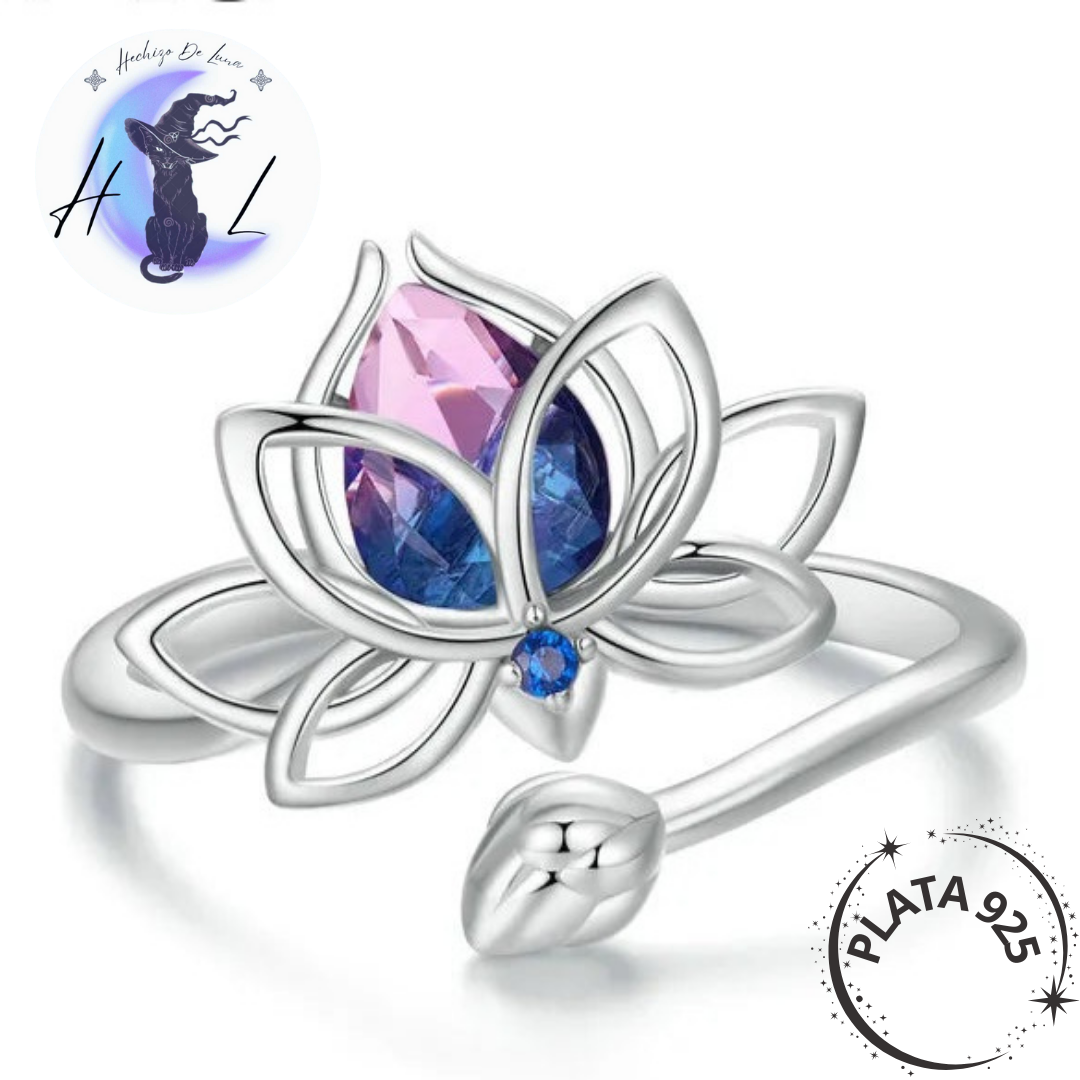 Anillo o Charm Flor de Loto con Cristal Purpura de Plata.