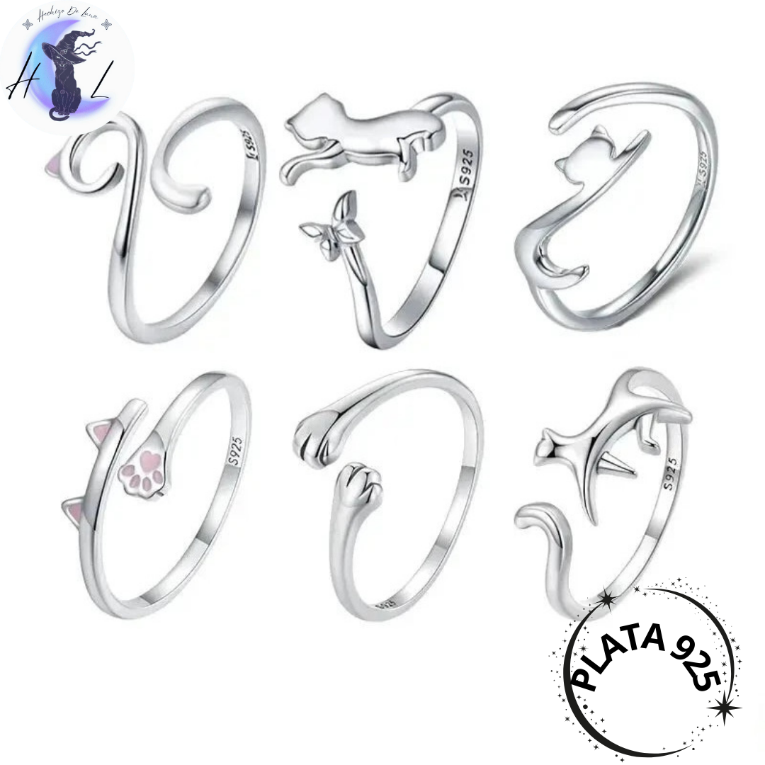 Anillos Ajustables, Distintos Modelos De Gato, Plata 925.