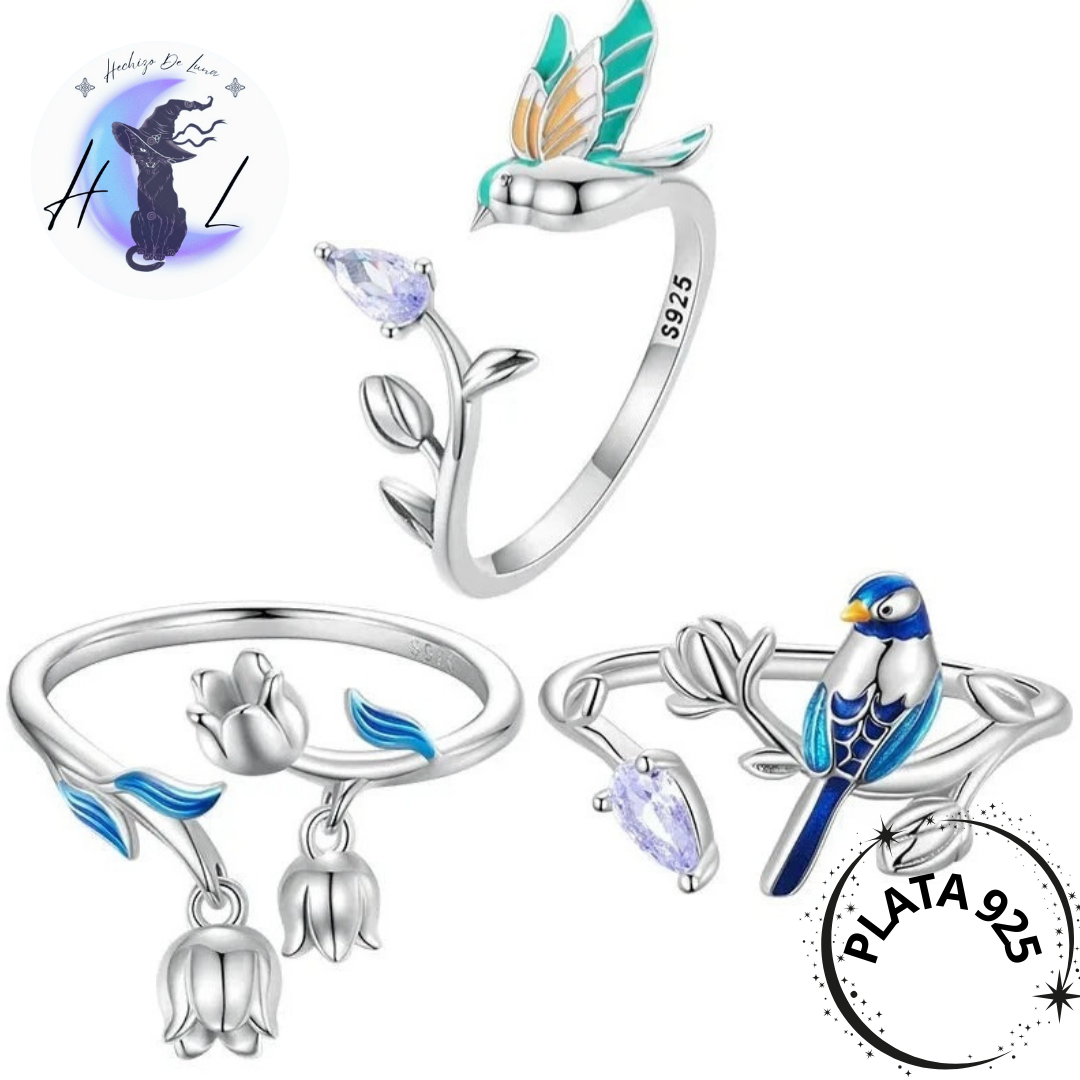 Anillo Ajustable Pájaros Y Flores De Plata.