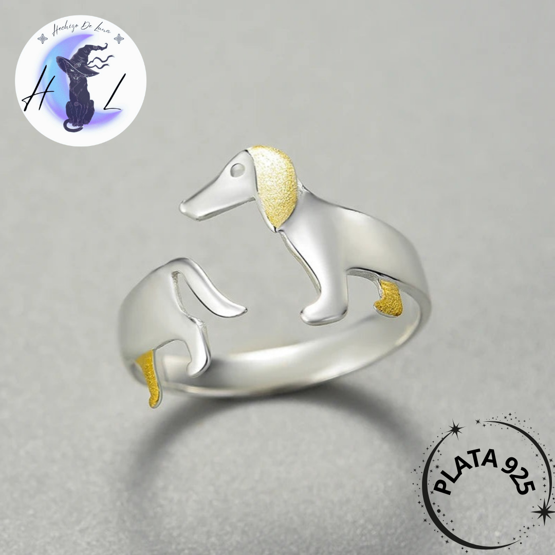 Anillo Ajustable Hecho a Mano Perro Dachshund de Plata.