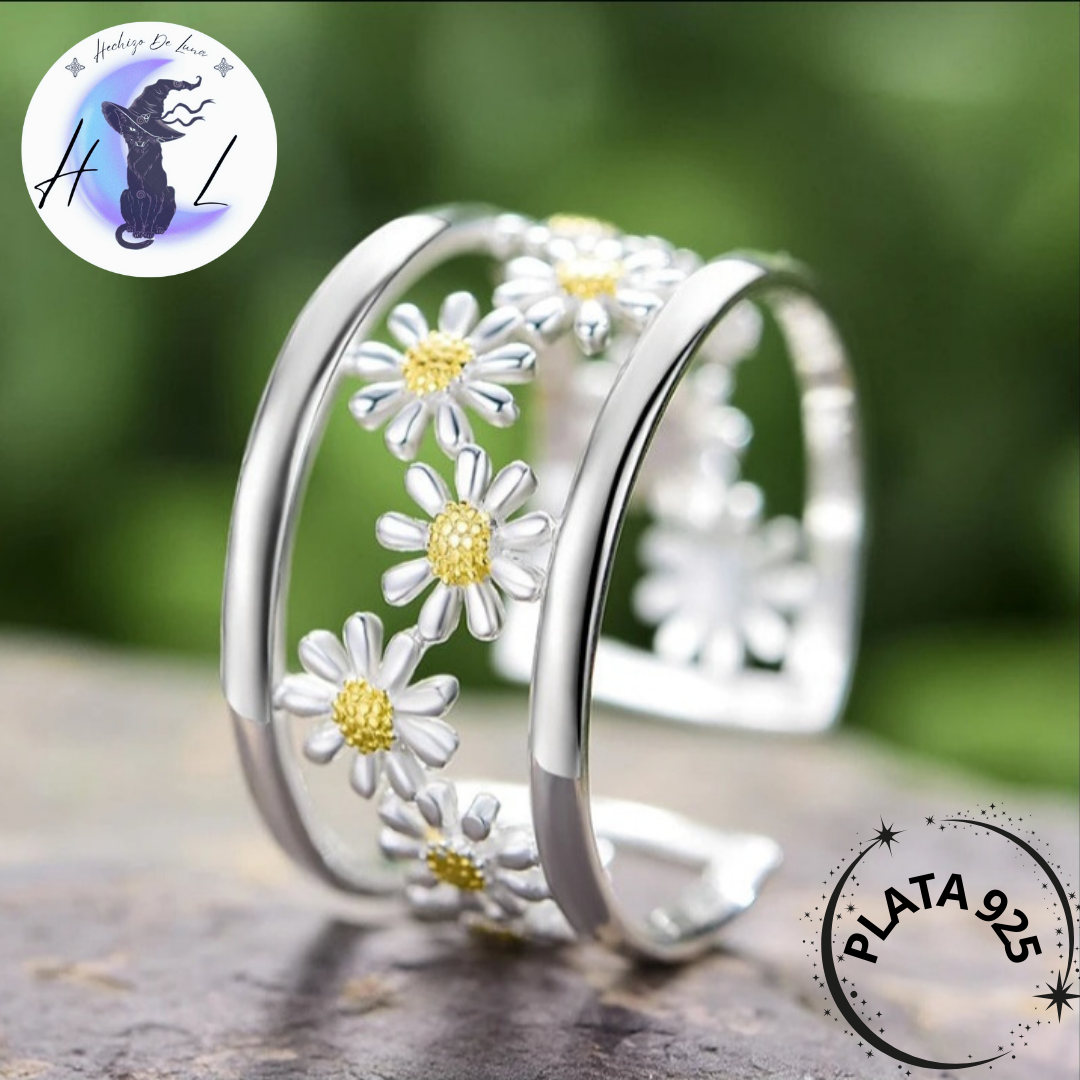 Anillo De Margaritas Ajustable De Plata.