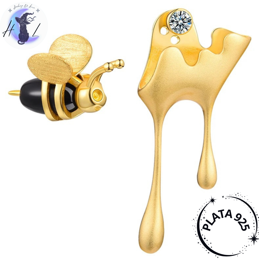 Aros Asimétricos Con Diseño De Abeja Y Miel De Plata.