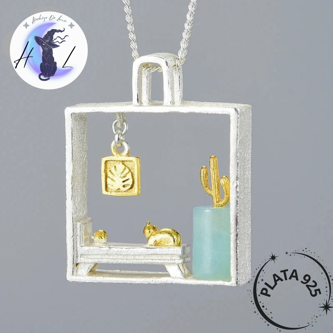 Colgante De Plata Diseño Cuadro Con Gatito.