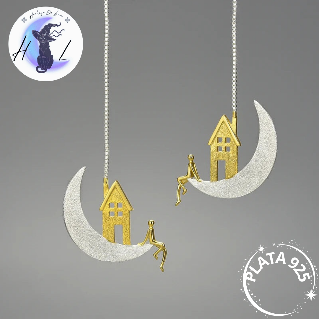 Aros Colgantes De Plata Luna Y Casa.