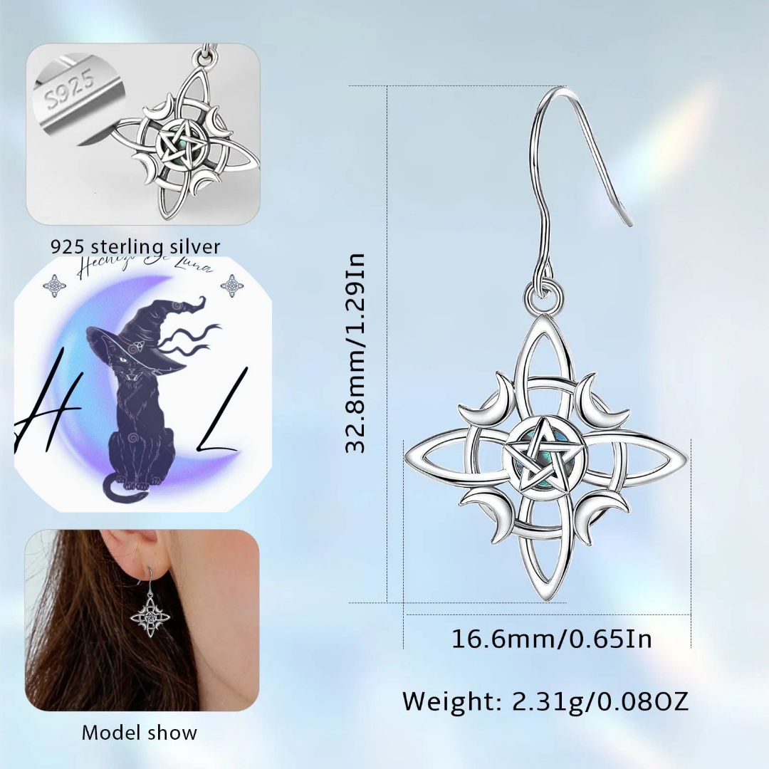 Aros De Plata Nudo De Bruja Con Pentáculo y Medialuna Con Abulón.