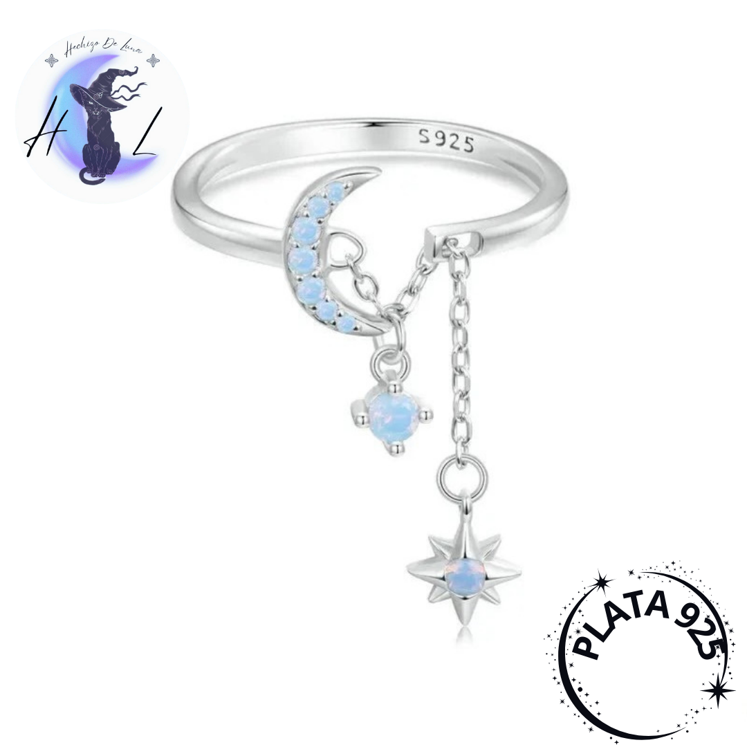 Anillo Ajustable De Plata Con Circón Diseño De Luna Y Estrella.