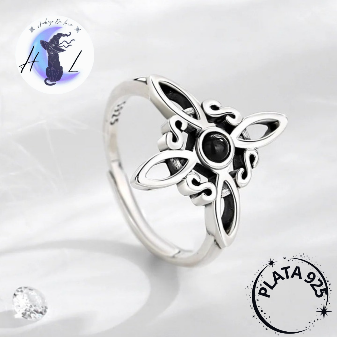 Anillo Ajustable Nudo de bruja con Obsidiana.