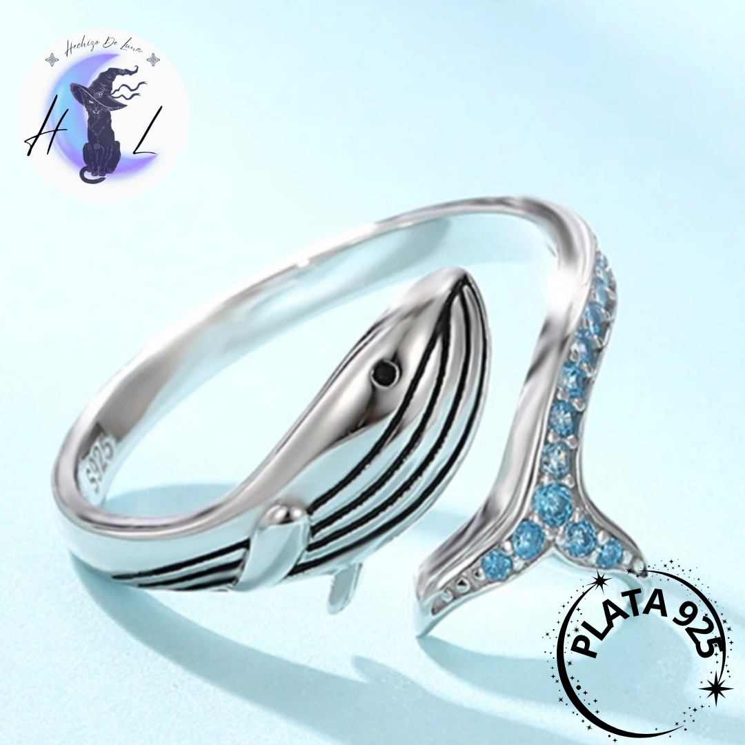 Anillo De Plata Y Circones, Ajustable, Diseño De Ballena.