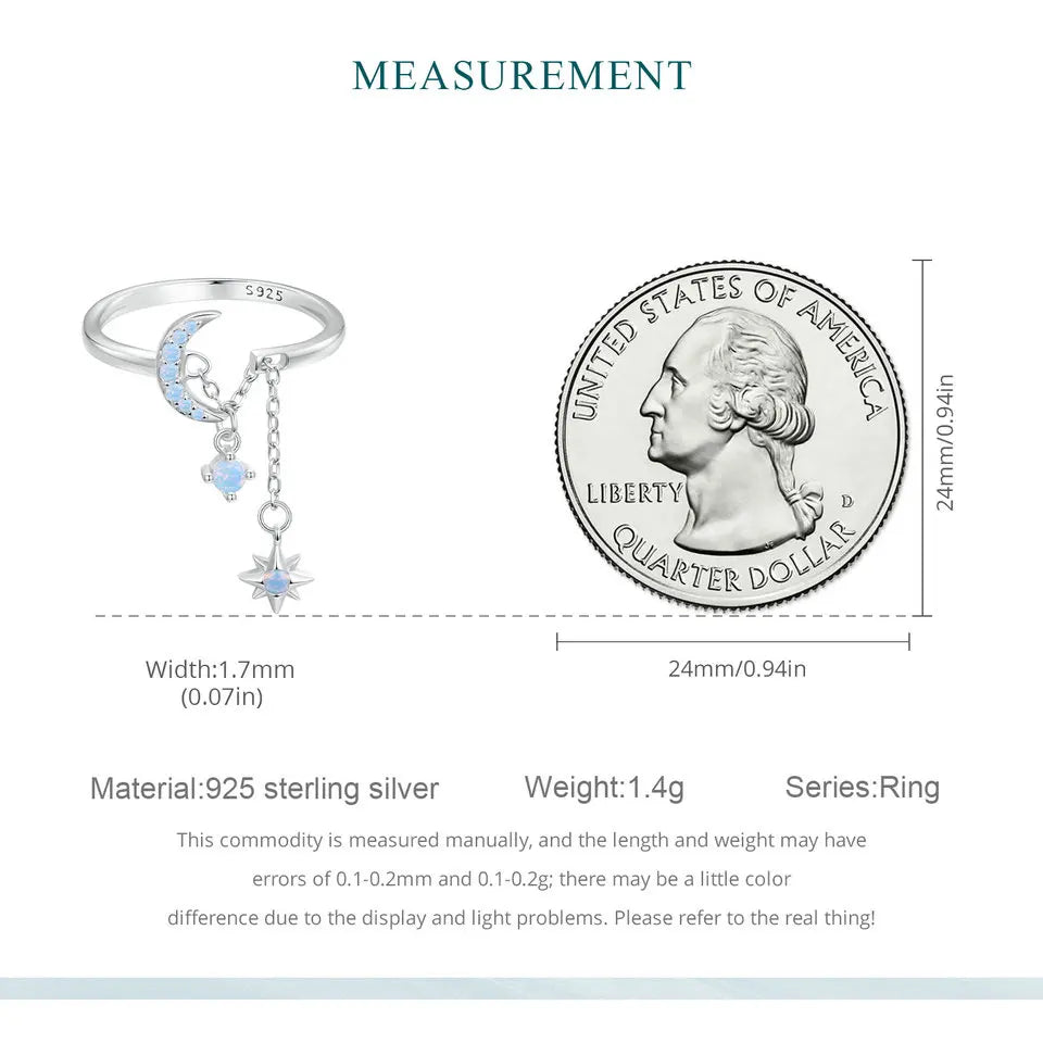 Anillo Ajustable De Plata Con Circón Diseño De Luna Y Estrella.