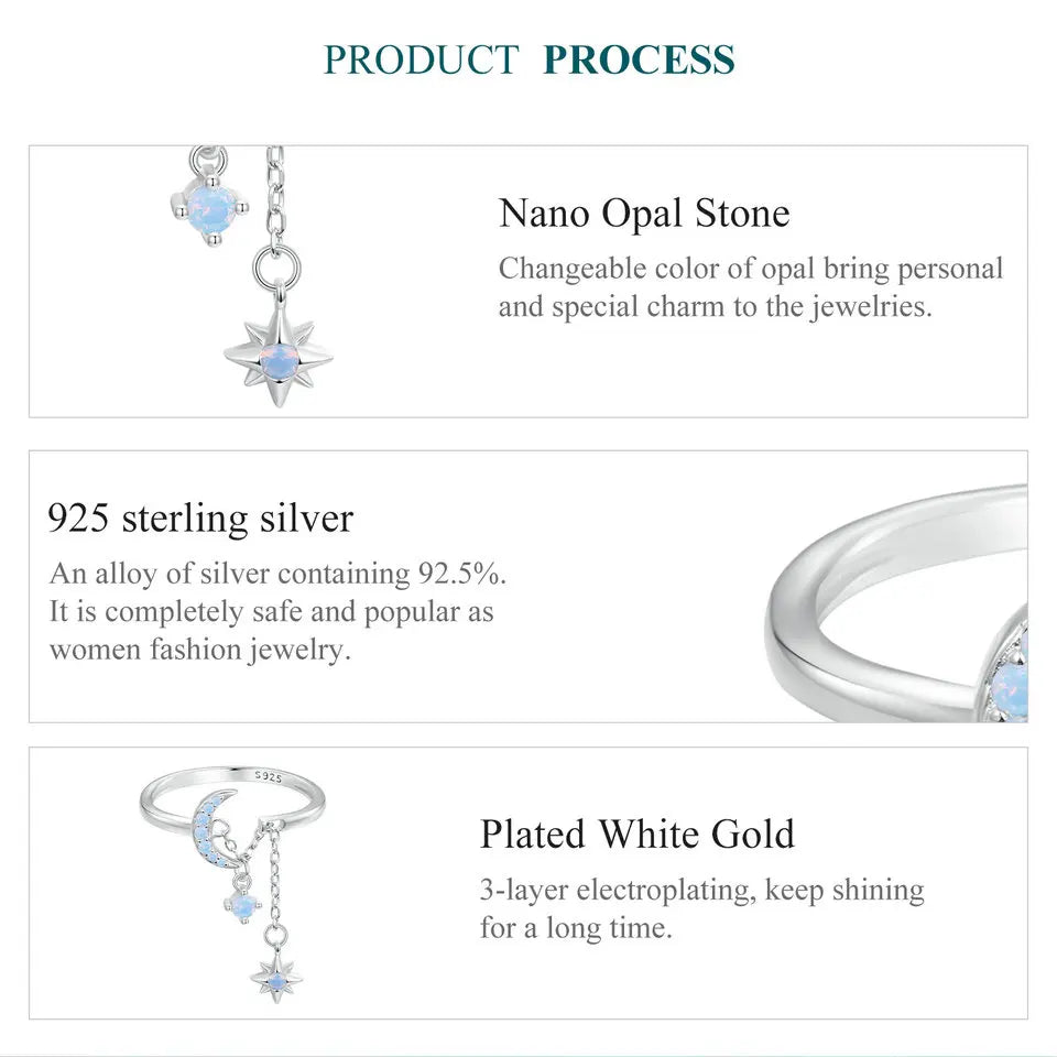 Anillo Ajustable De Plata Con Circón Diseño De Luna Y Estrella.