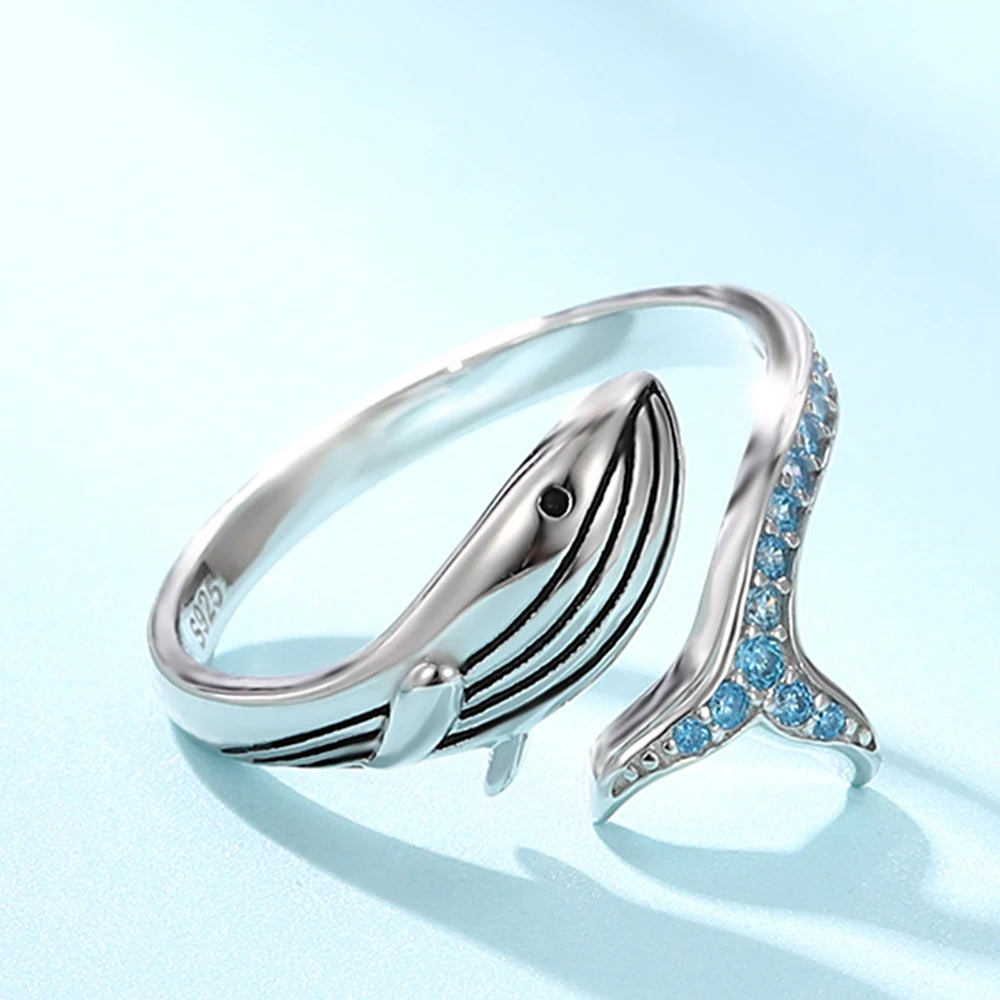 Anillo De Plata Y Circones, Ajustable, Diseño De Ballena.