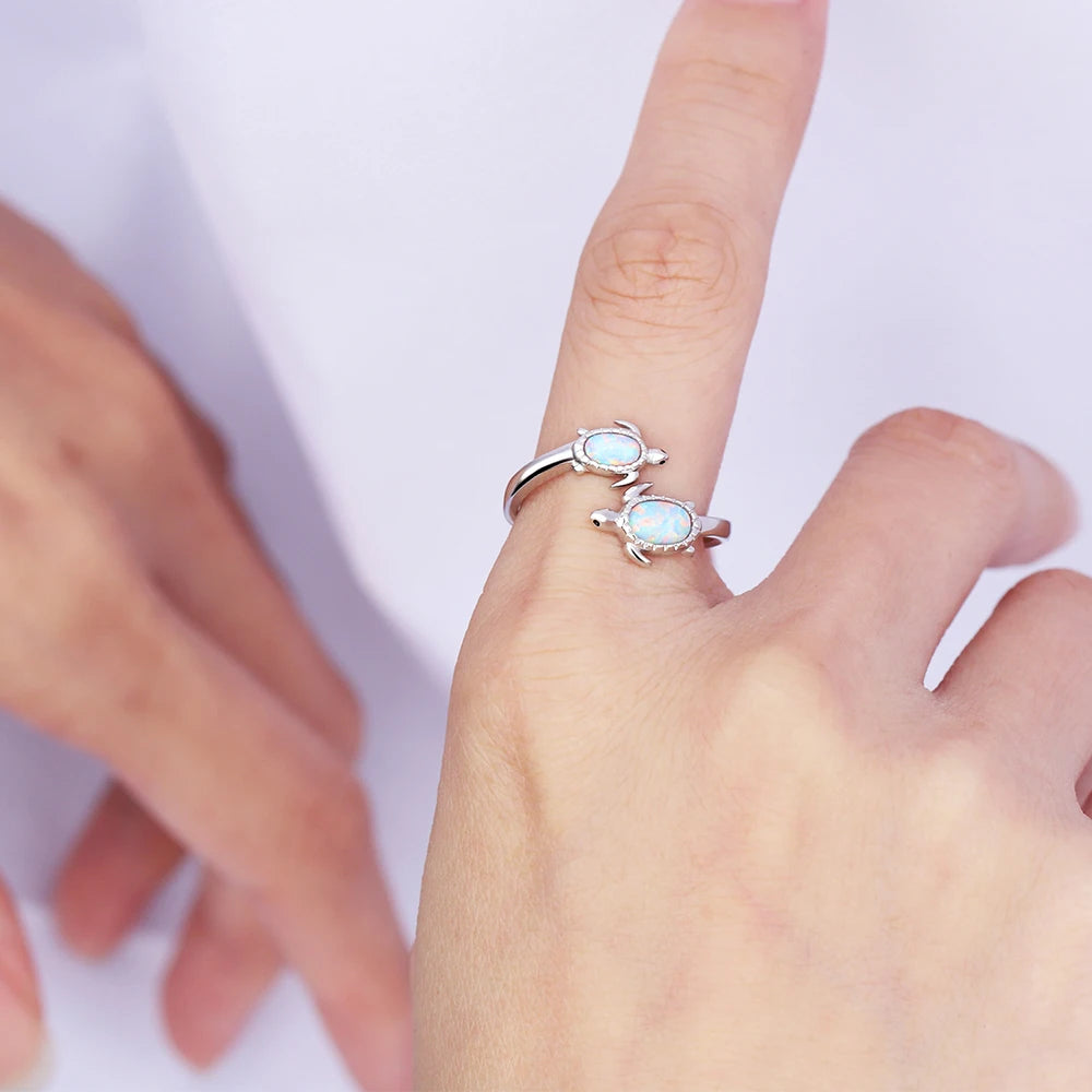 Anillo De Plata Y Ópalo, Ajustable De Tortuga Marina, Variados Diseños.