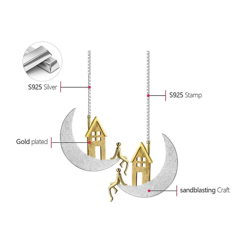 Aros Colgantes De Plata Luna Y Casa.
