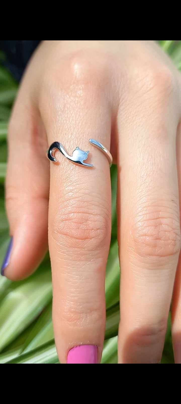 Anillo Ajustable de plata 925  Gato cola larga.