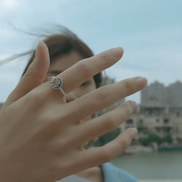 Anillo Ajustable De Plata Y Circón Azul, Diseño Gato Y Media Luna.