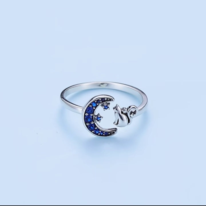Anillo Ajustable De Plata Y Circón Azul, Diseño Gato Y Media Luna.