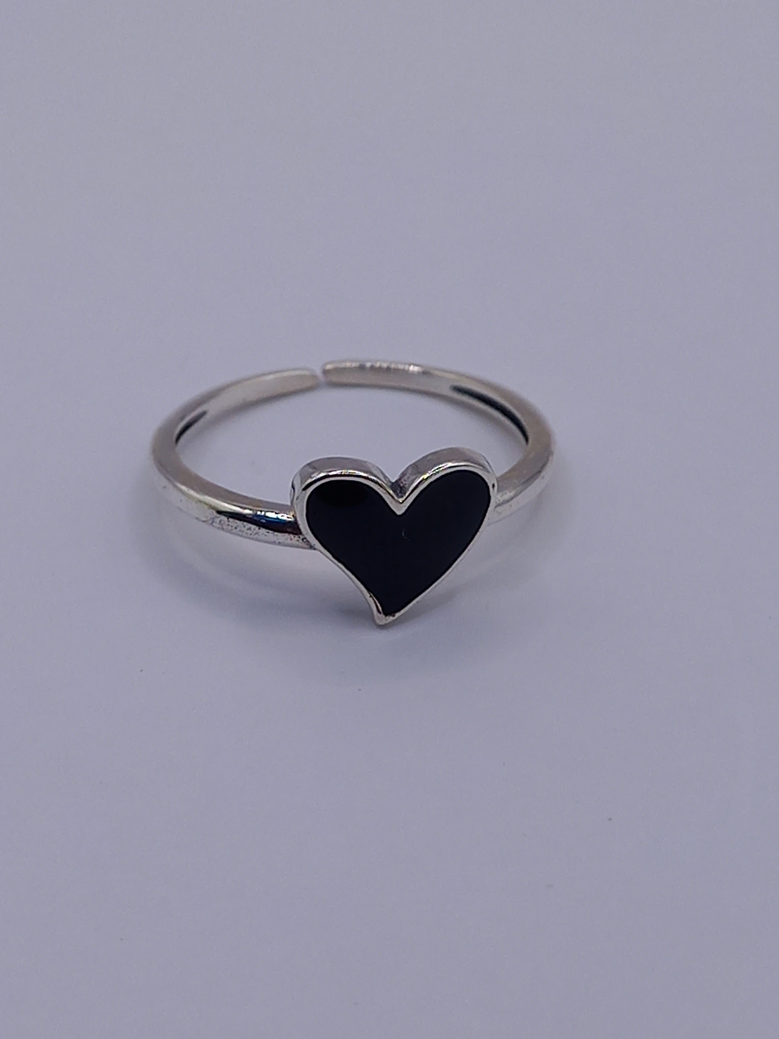Anillo Ajustable Plata 925 Corazon Negro.