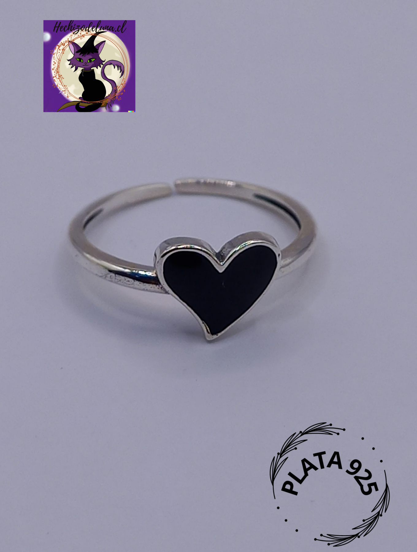 Anillo Ajustable Plata 925 Corazon Negro.