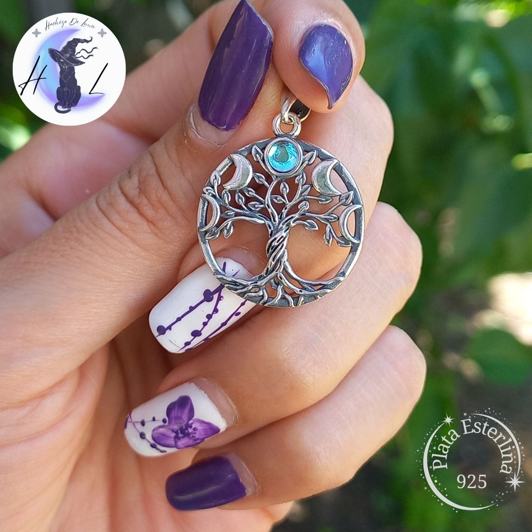 Colgante Árbol de la Vida con Piedra y Triple Luna con Cadena de Plata 50 cm.
