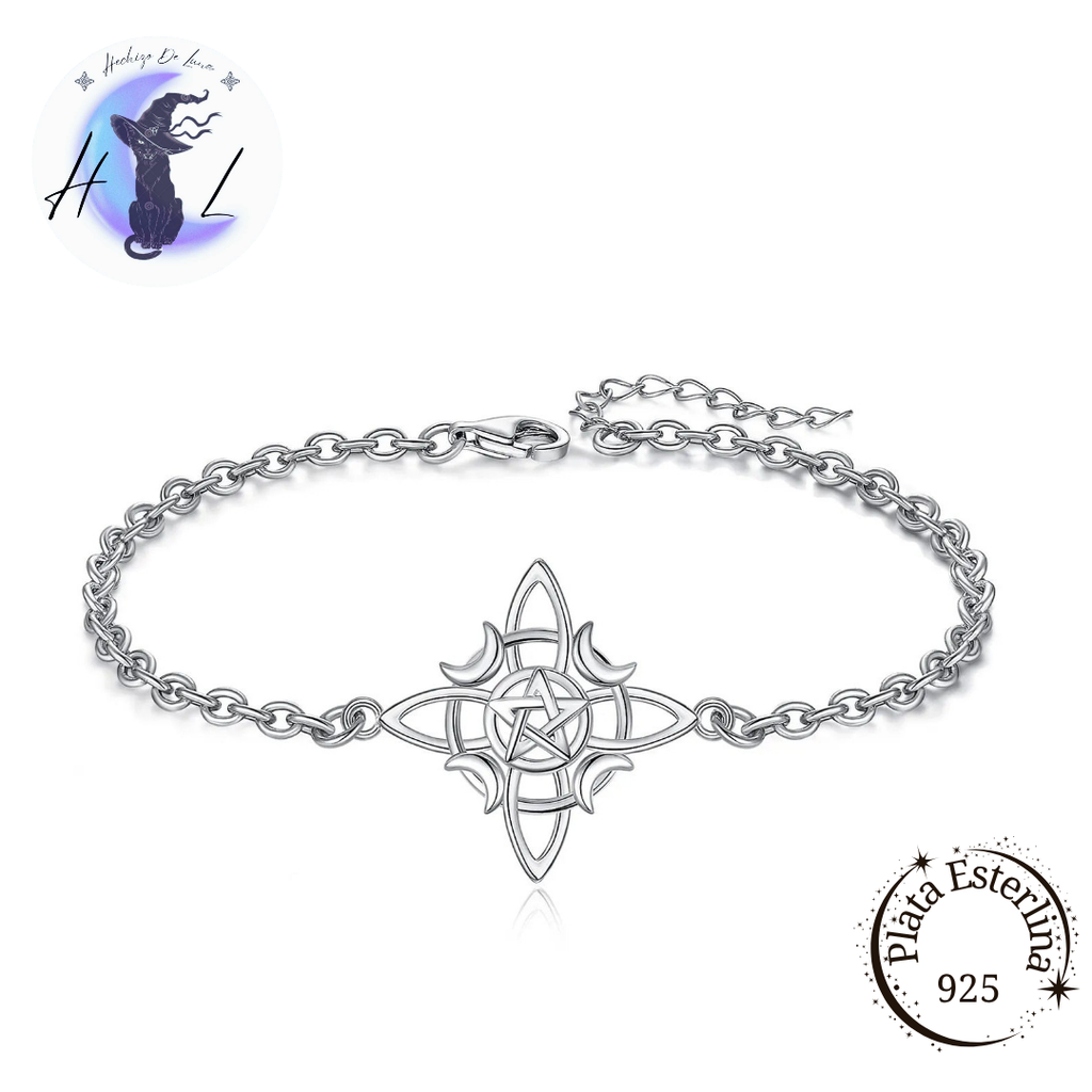 Pulsera De Plata, Diseño Nudo De Bruja Con Pentáculo.