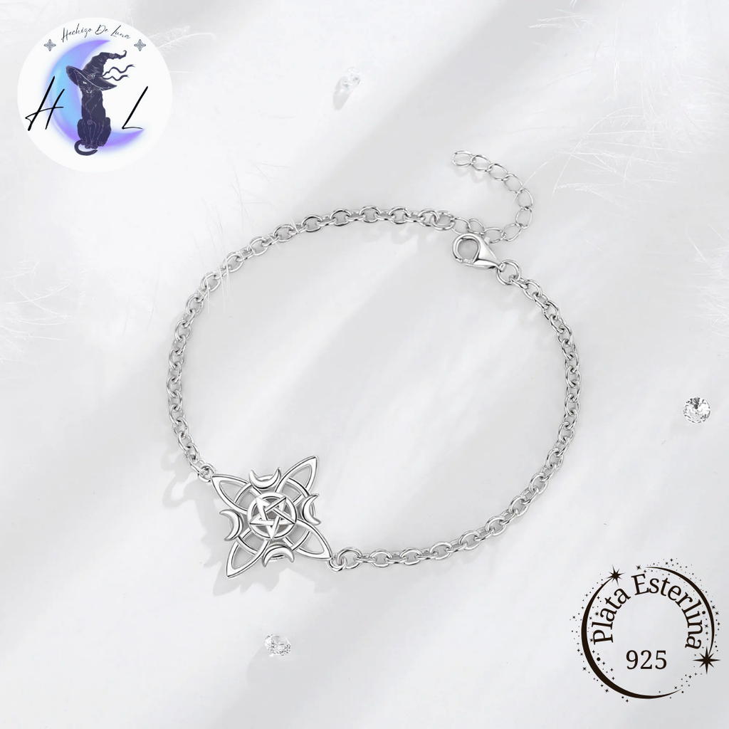 Pulsera De Plata, Diseño Nudo De Bruja Con Pentáculo.