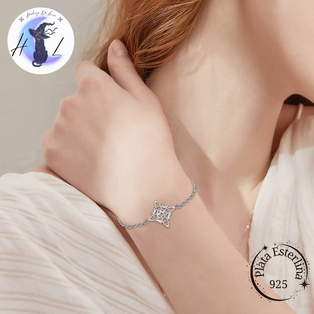 Pulsera De Plata, Diseño Nudo De Bruja Con Pentáculo.