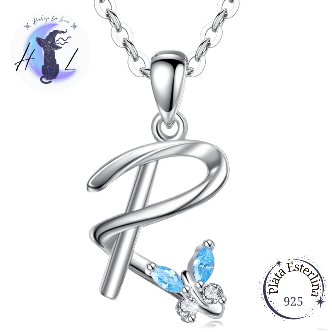 Collar De Plata Y Circonita, Diseño Alfabeto Con Mariposa.