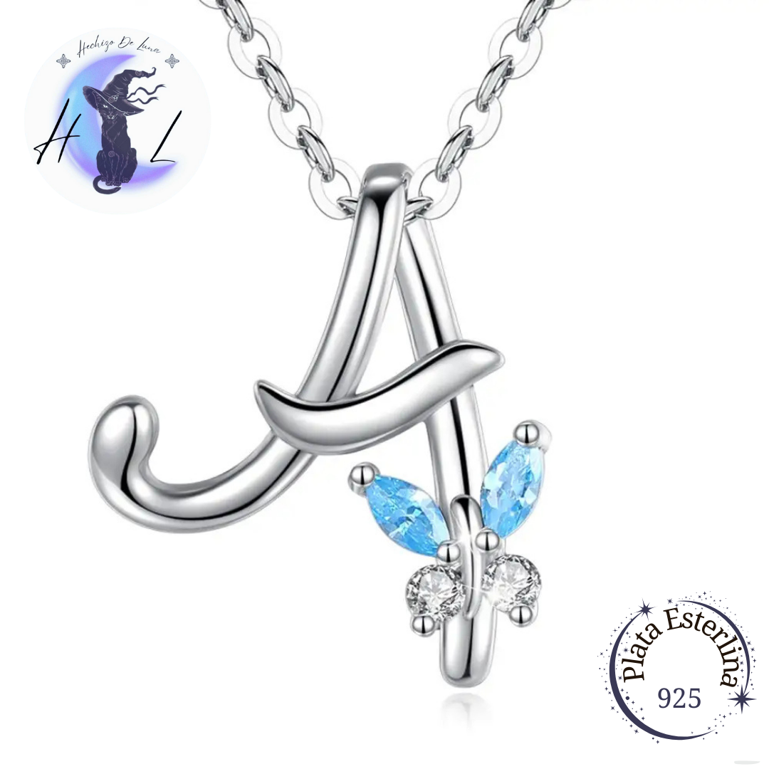 Collar De Plata Y Circonita, Diseño Alfabeto Con Mariposa.
