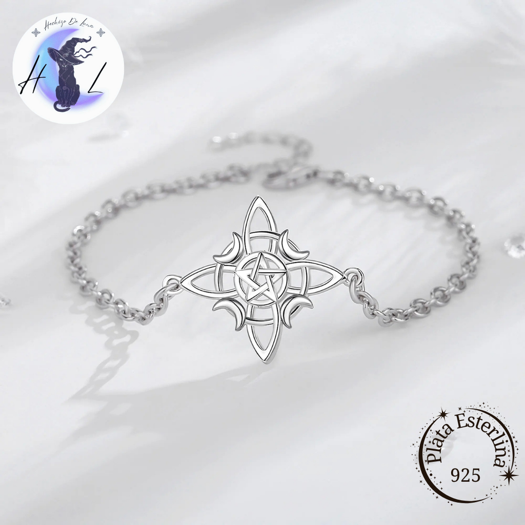 Pulsera De Plata, Diseño Nudo De Bruja Con Pentáculo.