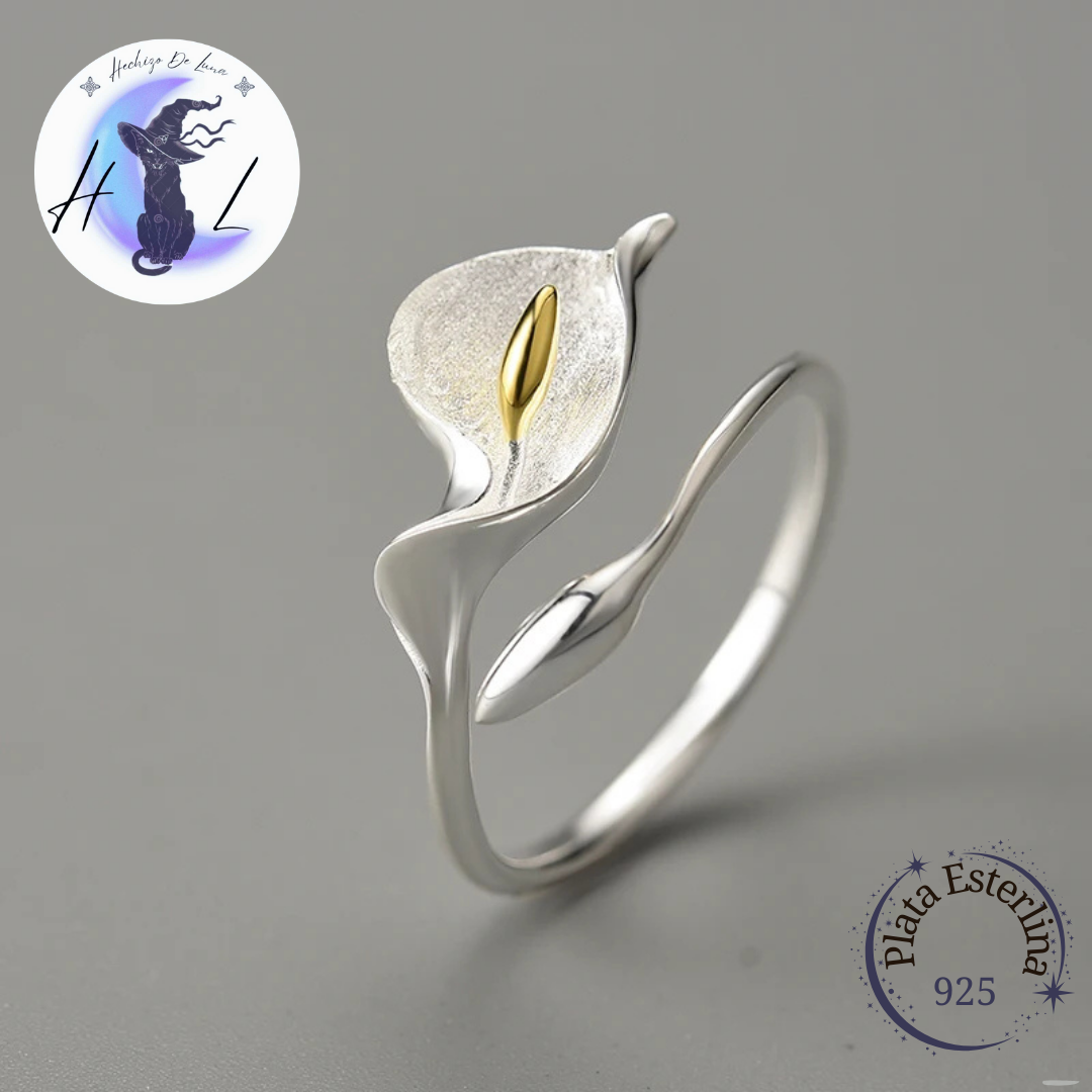 Anillo De Plata Ajustable, Diseño Flor Lirio de Agua o Cala.