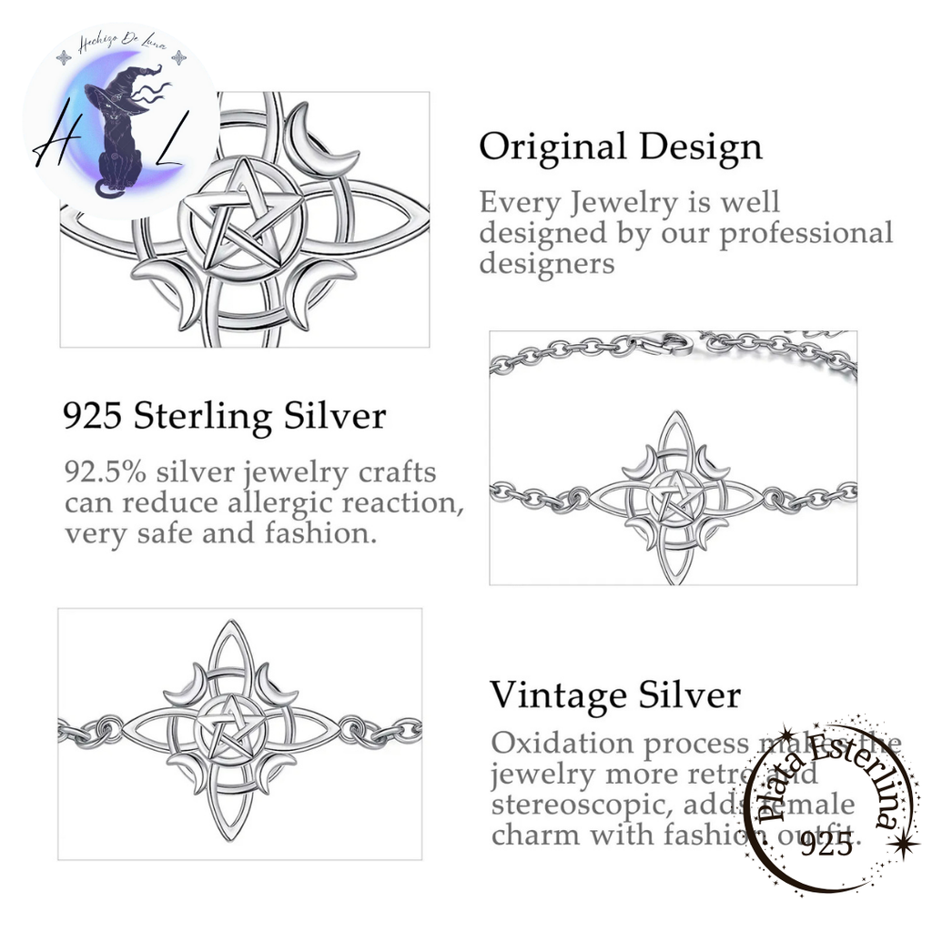 Pulsera De Plata, Diseño Nudo De Bruja Con Pentáculo.
