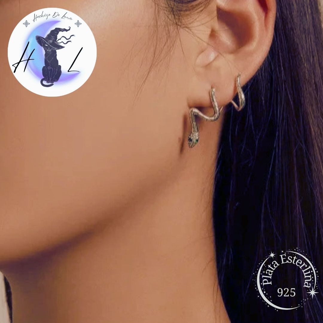 Aros Trepadores De Plata Y Circón. Diseño Serpiente.