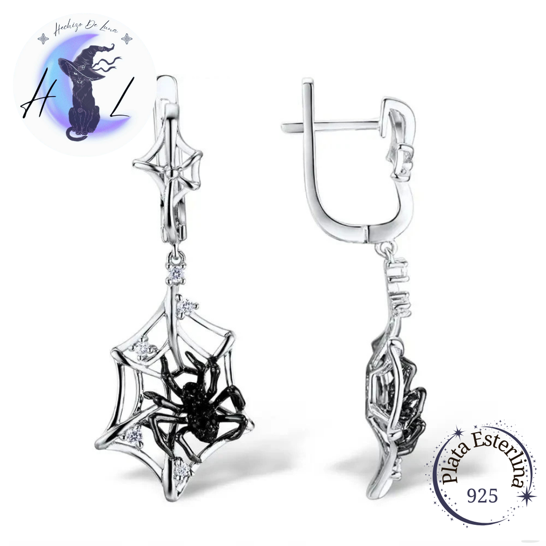 Aros Colgantes Diseño De Araña Con Circones De Plata.