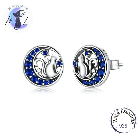 Aros De Plata Y Circón Azul, Diseño Gato Y Media Luna.