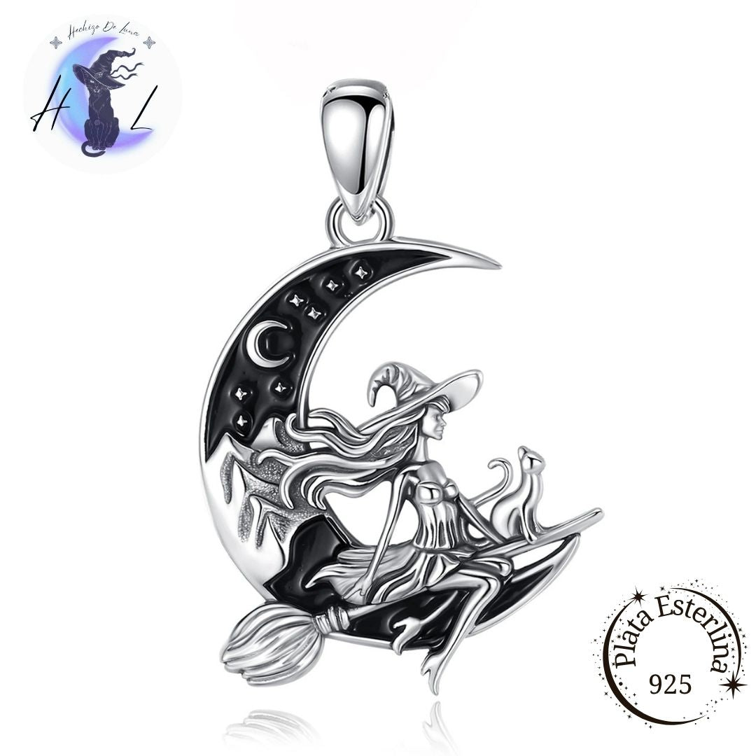 Bruja con Gato y Media Luna | Colgante de Plata 925