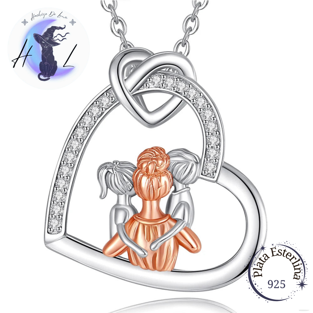 Colgante De Plata Y Circón, Diseño Corazón Madre e Hijos.