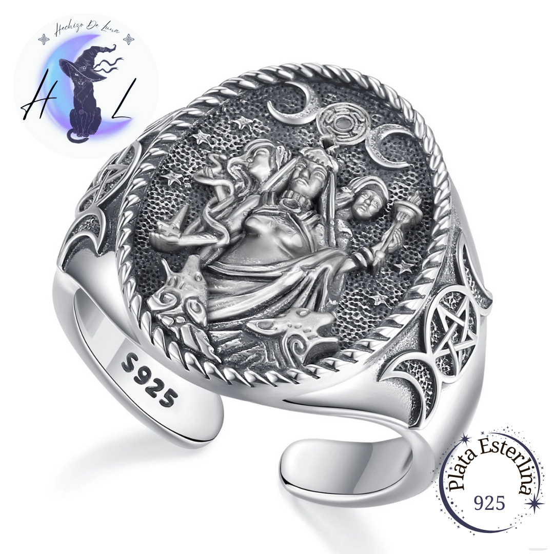 Anillo De Plata Ajustable, Diseño Triple Diosa.