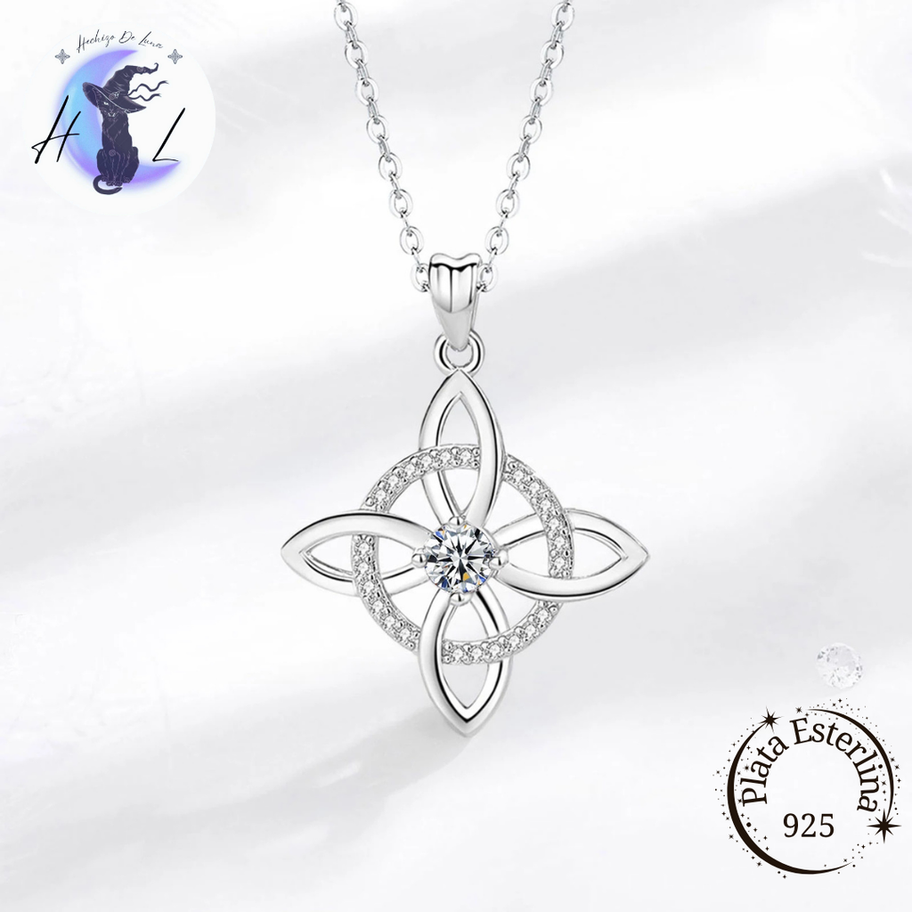Colgante De Plata Y Circón, Diseño Nudo De Bruja Con Media Luna.