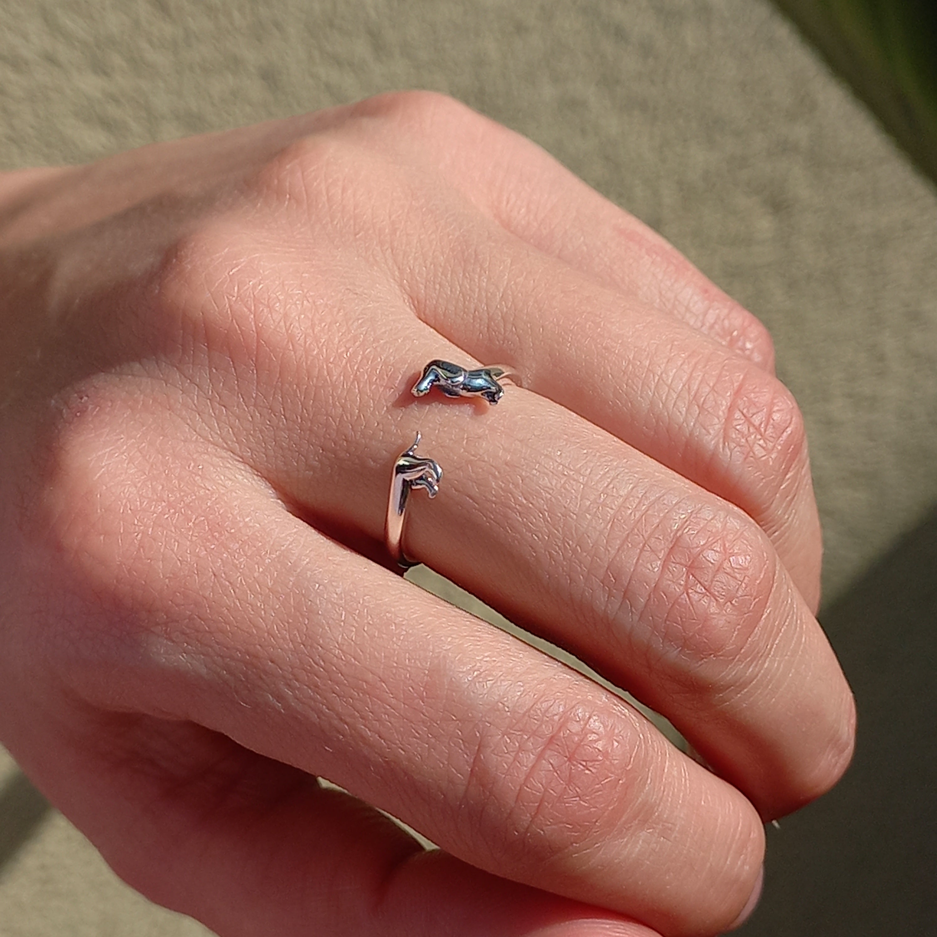 Conjunto Anillo Ajustable + Aros de Dachshund de Plata.