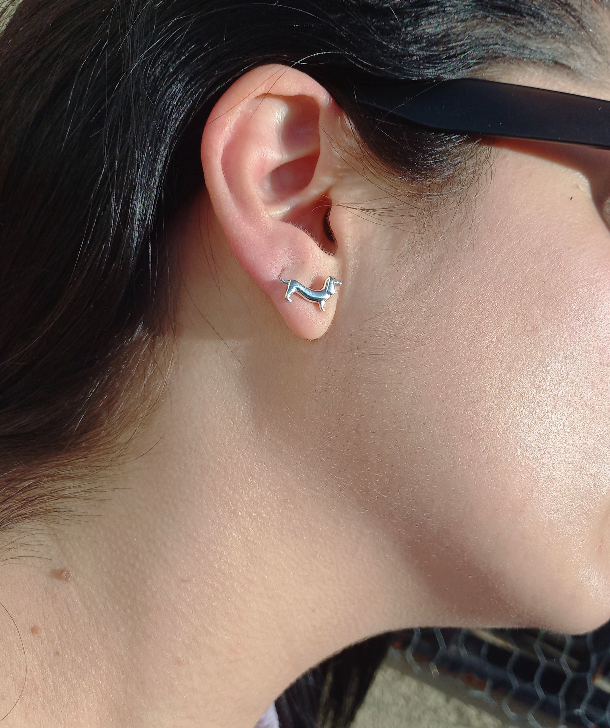 Conjunto Anillo Ajustable + Aros de Dachshund de Plata.