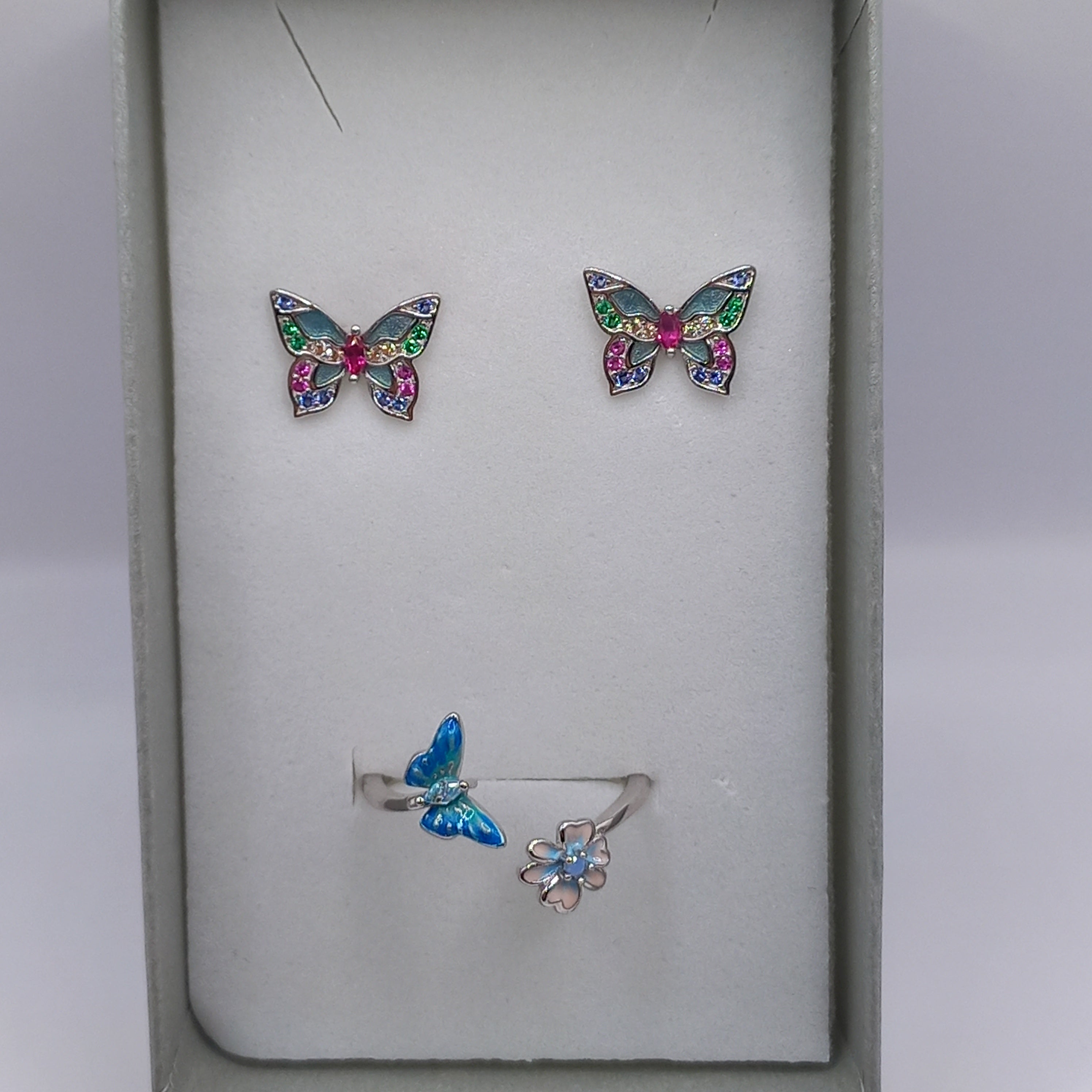 Conjunto Anillo Ajustable + Aros de Mariposa de Plata.