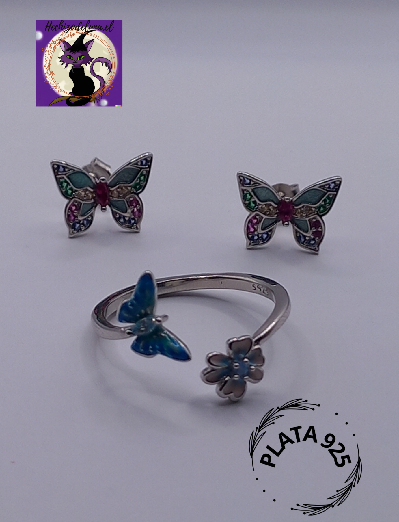 Conjunto Anillo Ajustable + Aros de Mariposa de Plata.